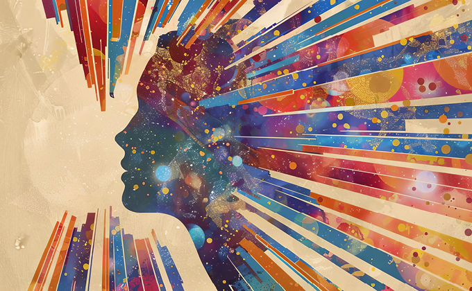 Abstract profile of a human head with colorful rays and shapes radiating outward, symbolizing thoughts or sensory experience.